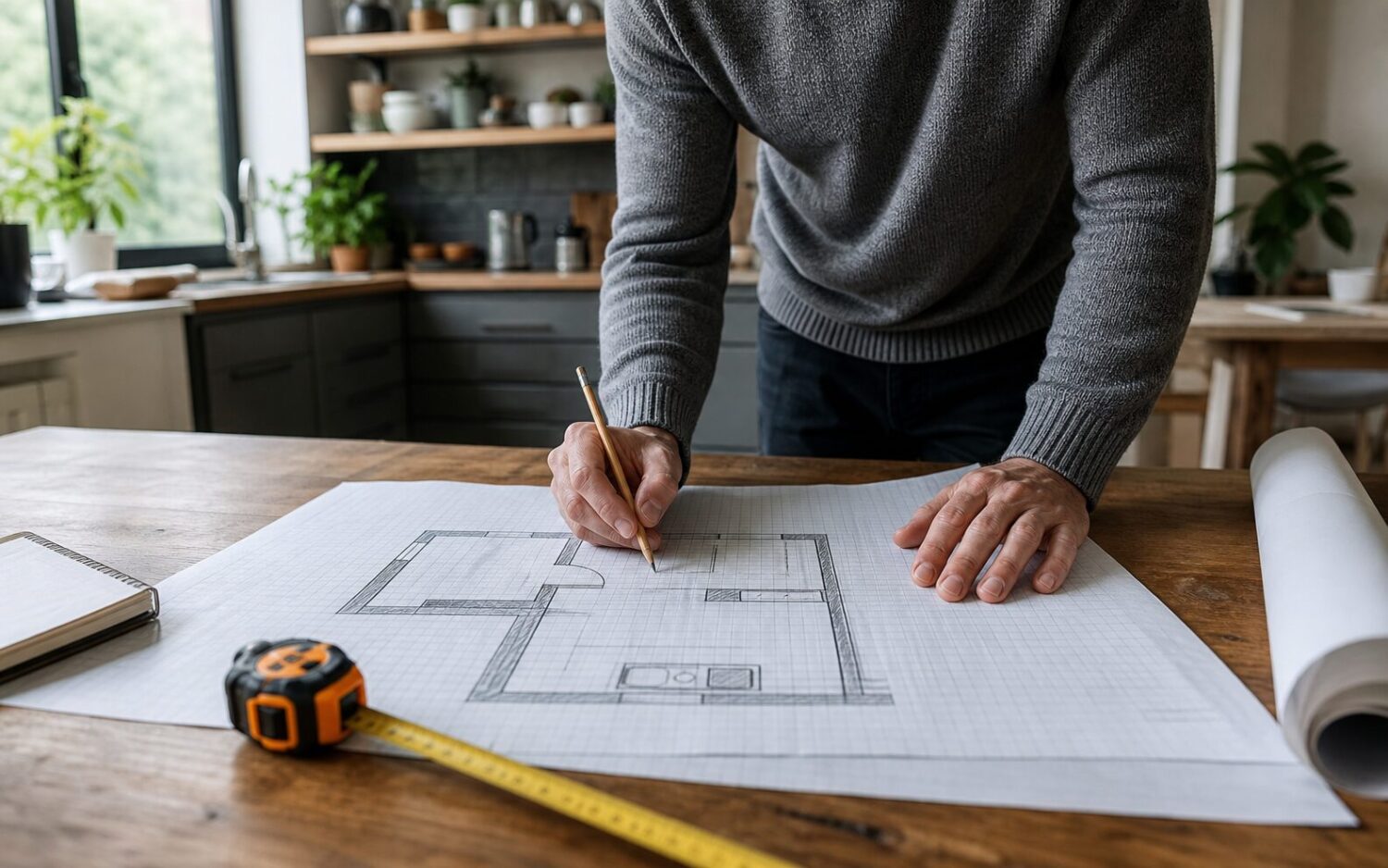 Plan de cuisine dessiné sur papier avec mètre ruban et crayon