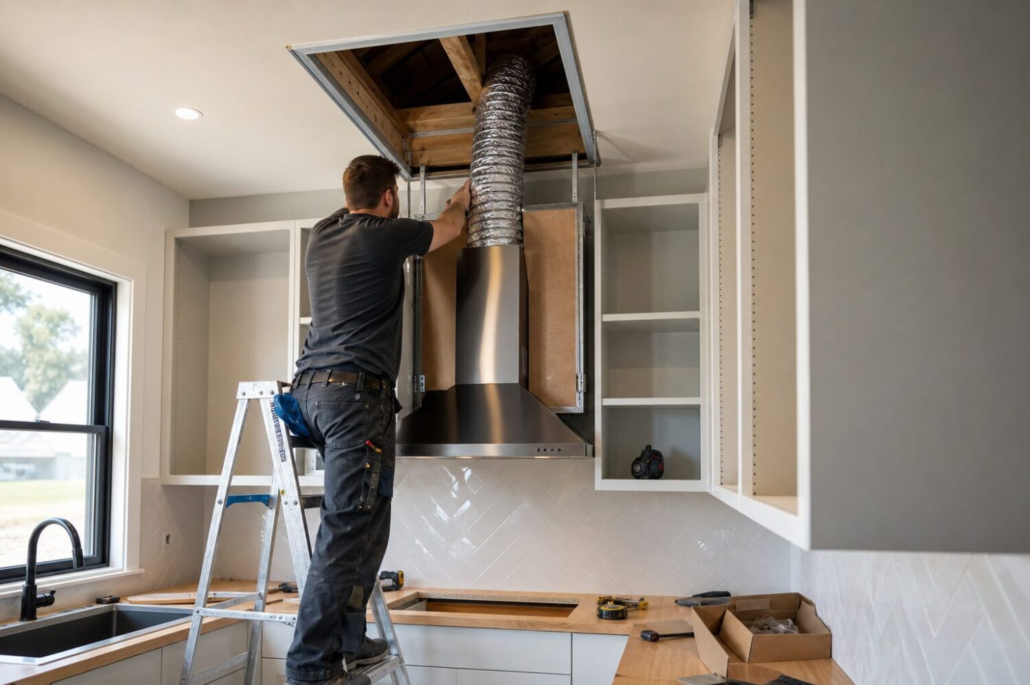 Installation d'une hotte et de conduits d'extraction dans une cuisine