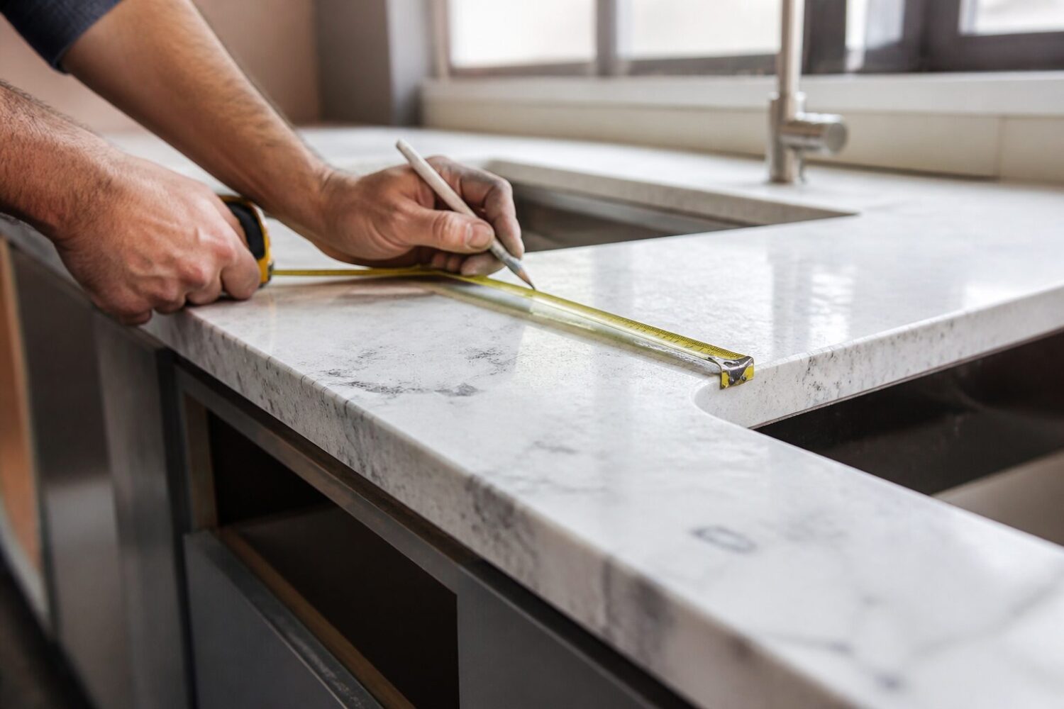 Découpe d'un plan de travail en quartz pour évier