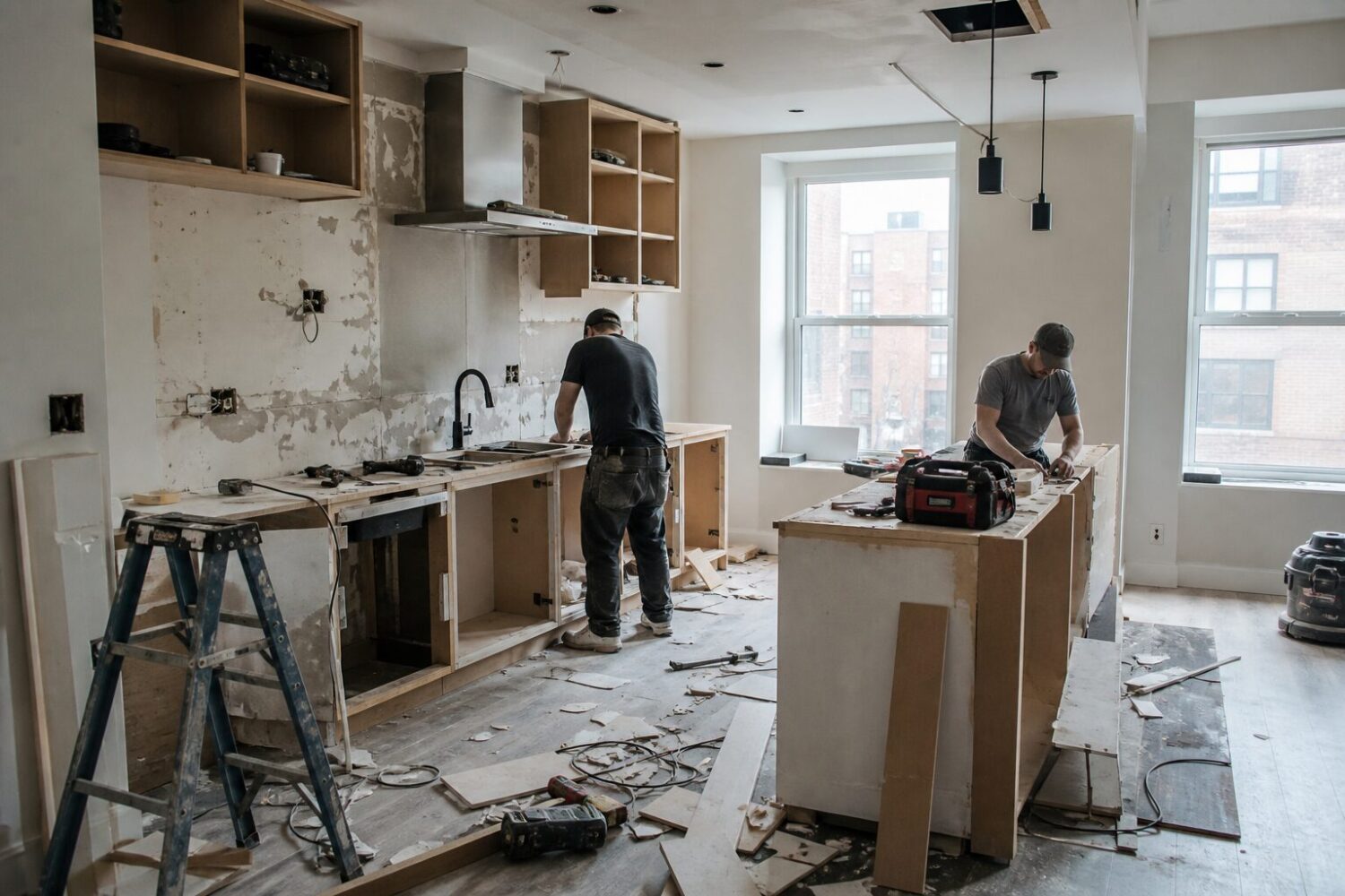 chantier de rénovation de cuisine en cours avec démolition et outils