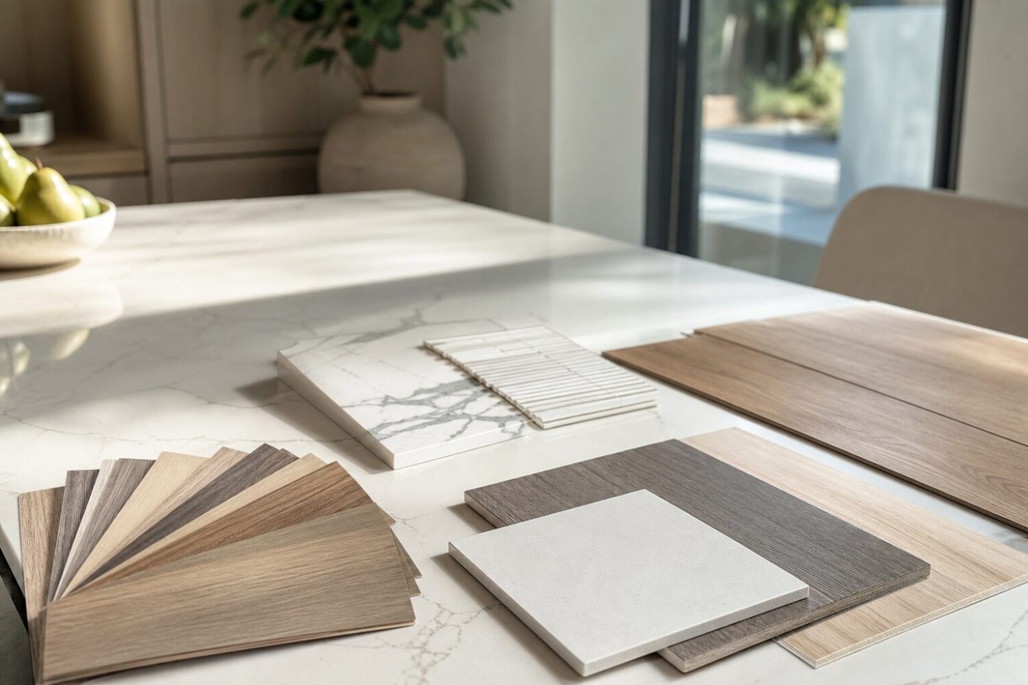 échantillons de matériaux pour plans de travail et revêtements : quartz, stratifié, carrelage, parquet