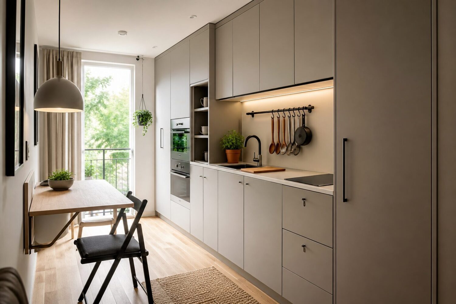 Cuisine compacte avec meubles hauts, crédence à barres et table murale pliante