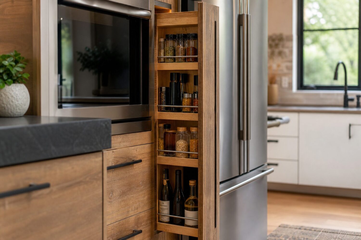 Colonne coulissante étroite entre appareils pour rangement d'épices et bouteilles