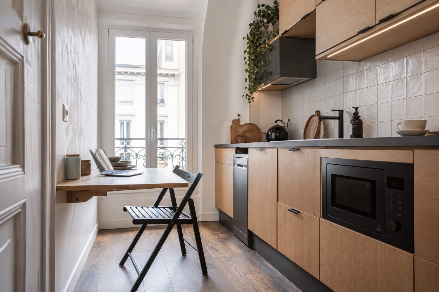 Cuisine compacte avec lave-vaisselle 45 cm encastré et table pliante murale